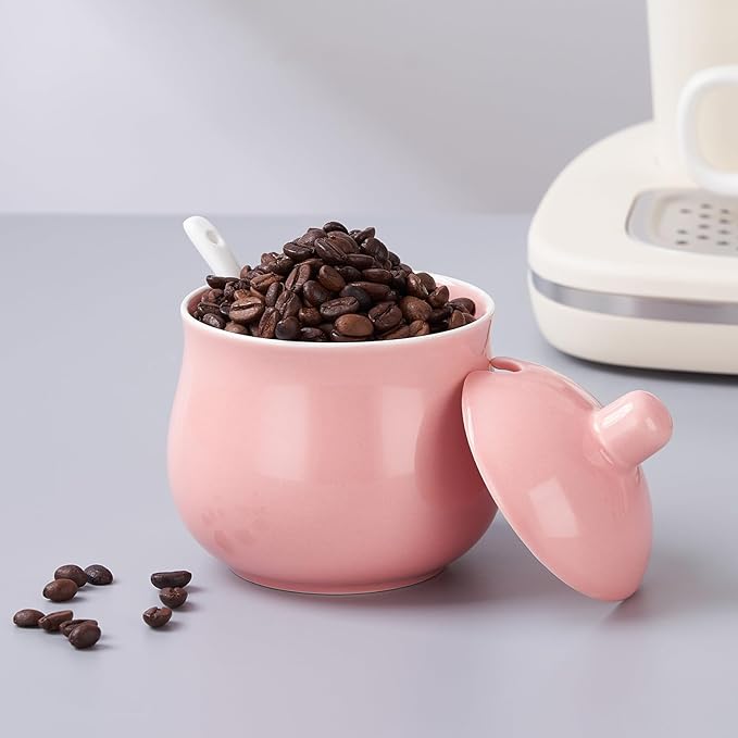 Ceramic Sugar Bowl with Lid and Spoon, Pink Porcelain Sugar Salt Pepper Storage Jar, 12 Ounces