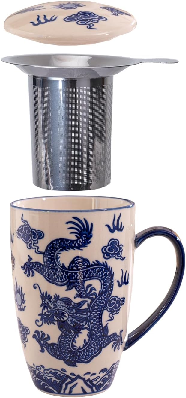Urban Tokyo Tea Mug With Lid and Stainless Steel Infuser For Loose Leaf Tea Bag Tea Cup 15oz Porcelain Hot Beverage Everyday Use Home Office (Ryu Dragon)