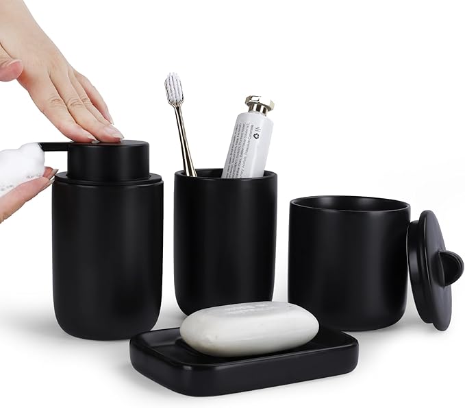 BosilunLife Ceramic Bathroom Accessories Sets Complete Bathroom soap Dispenser and Toothbrush Holder Set (Black-Foam)