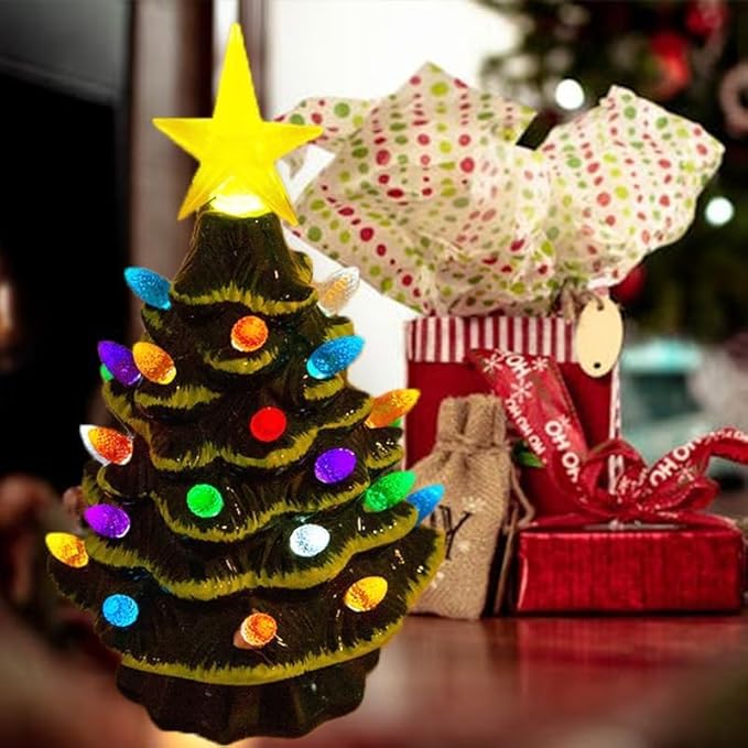 Small Resin Christmas Tree Decor, Tabletop Christmas Tree Star Topper, Holiday Decoration with 40 Multi-Color Lights, Xmas Fall Decorations for Home (Green-Yellow)