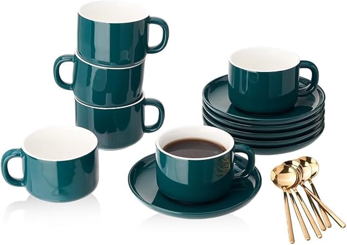 8oz Cappuccino Cups Set of 6, Ceramic Coffee Cups and Saucers Set with Spoons, Green Durable Coffee Cups for Cappuccino Espresso Latte Mocha Au Lait Macchiato Cafe