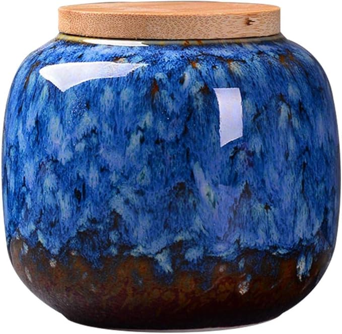 Gets Vintage Chinese Style Ceramic Storage Jars with Bamboo Lid, Traditional Tea Tins Cans Canister for Kitchen Spice, Tea, Coffee, Condiment (Dark Blue, 8x7.3 cm)