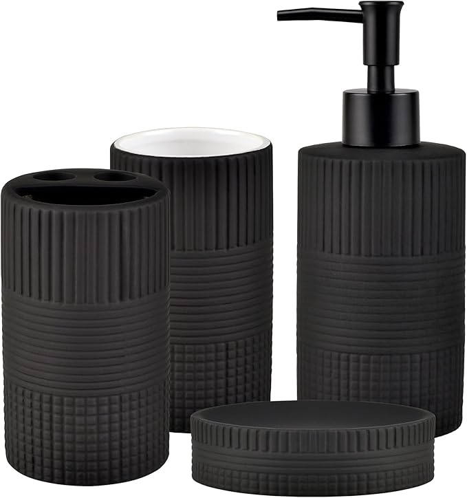 Matte Black Bathroom Accessories Set, 4PC Embossing Ceramic Bathroom Sets Complete-Toothbrush Holders, Soap Dispenser, Soap Dish, Toothbrush Cup, Black Bathroom Decor, Bathroom Countertop Organizer