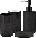 Matte Black Bathroom Accessories Set, 4PC Embossing Ceramic Bathroom Sets Complete-Toothbrush Holders, Soap Dispenser, Soap Dish, Toothbrush Cup, Black Bathroom Decor, Bathroom Countertop Organizer