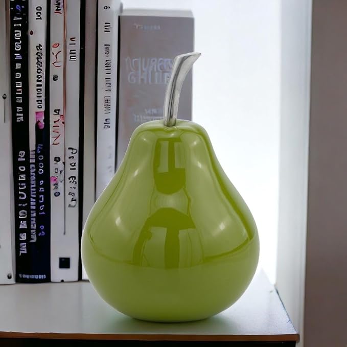 Modern Day Accents 3463 Peral Verde Green Pear, Fruit Decor, Gifts, Tabletop, Green Home Decor Centerpiece, Room Decor, Office Desk Decor, Green with Silver Stem, Sculpture, 6" L x 6" W x 9" H