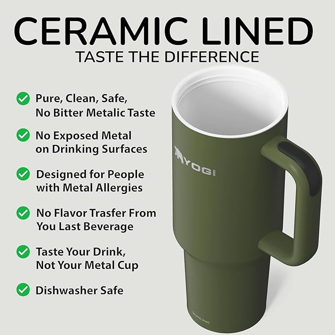YOGI Ceramic Lined Metal Allergy Safe 30oz Tumbler with Handle and Straw Leakproof Flip & Sip Lid Vacuum Insulated Stainless Steel Travel Cup for Iced Coffee Water and All-Day Hydration 30oz Olive