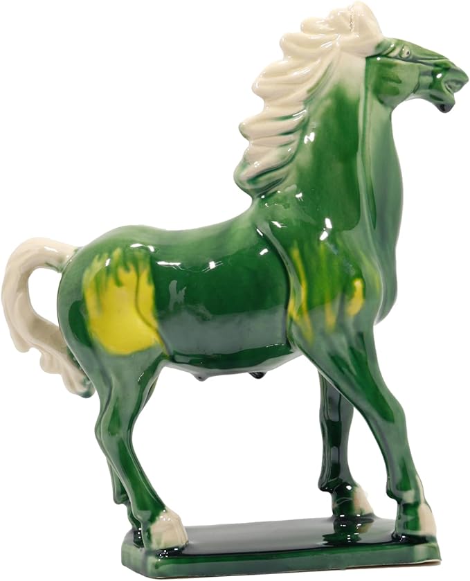 Handmade Chinese Ceramic Horse Sculpture - 9 Inch Tang Dynasty Tri-Color Porcelain Figurine, Museum Quality Home Office Desk Decor, Authentic Cultural Art Piece - Symbol of Strength & Success (Green)