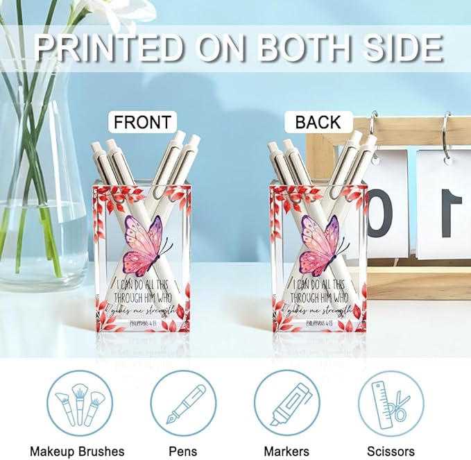 I Can Do All This Through Him Who Gives Me Acrylic Cosmetic Pencil Holder Cup, Butterfly Religious Christian Gifts for Women Girls, Inspirational Bible Verse Pen Holder for Home Office Desk