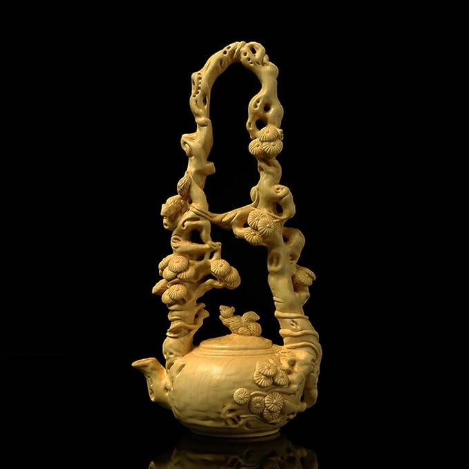 Wooden Statue Carrying Beam Pot Handmade Wood Sculpture Decor Boxwood Vintage Decoration Ornament for Living Room Bedroom Office Home Feng Shui Sculptural