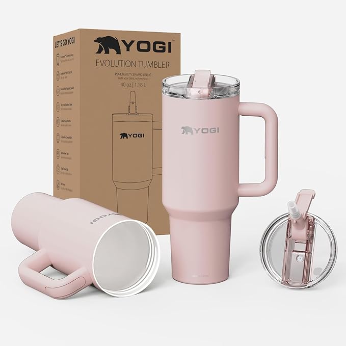 YOGI Ceramic Lined Metal Allergy Safe 40oz Tumbler with Handle and Straw Leakproof Flip & Sip Lid Vacuum Insulated Stainless Steel Travel Cup for Iced Coffee Water and All-Day Hydration 40oz Peonypink