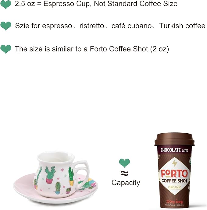 GuangYang 2.5 oz Espresso Cups set of 6, Cute Cactus Pattern (Size for Double Shot Espresso,Ristretto, Macchiato, Café Cubano, and Turkish Coffee)