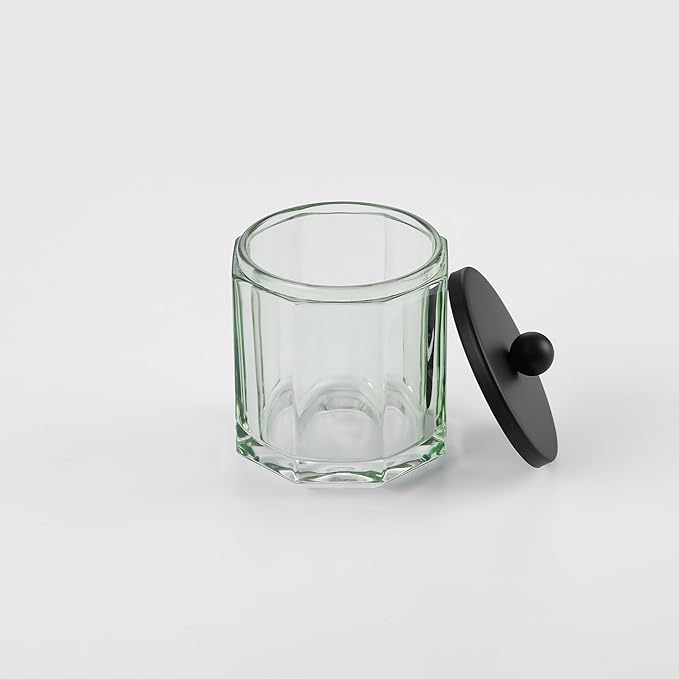 Sage Green Translucent Apothecary Octagional Shaped Glass Canister Jar With Black Metal Lid Cover for Bathroom Organization, Cotton Balls, Q Tips, and Small Accessories, Bathroom Storage