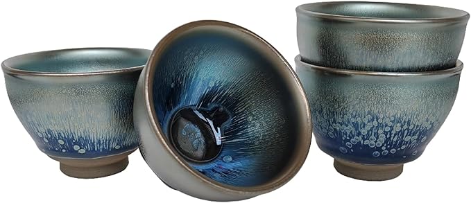 Jianzhan Teacup with Starry Sky Pattern, Small Japanese Style Tea Cups, Mini Ceramic Espresso Cups, Yerba Mate Cup Set of 4
