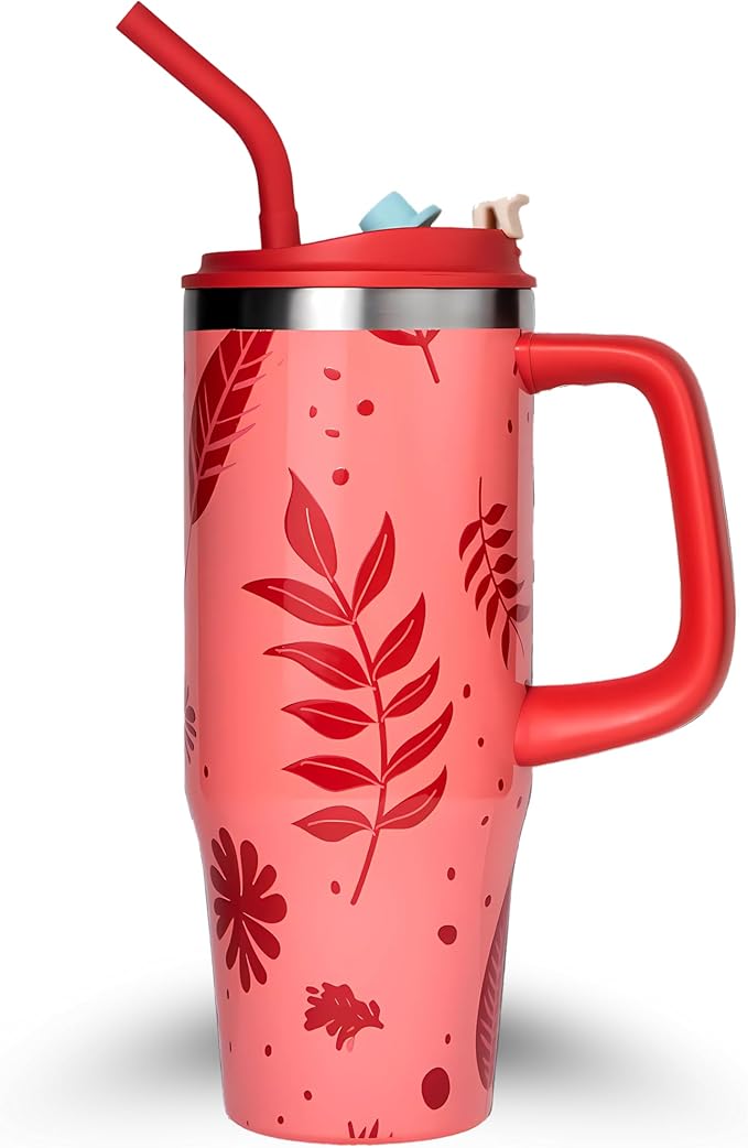 32 Oz Insulated Stainless Steel Tumbler with Handle and Straw lid | Limited Edition | Ceramic Lined Interior | Leak-proof | Travel Mug for Hot/Cold Drink | Carrying Bag Gift Blossom