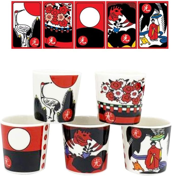 2oz Korea Ceramic Soju Whiskey Shot Glass Set of 5 With Hwatu,Ogwang Korean Traditional Flower Card Game Pattern Print (Soju Shot Set of 5 Wtih HWA-tu,Korean Flower Card Game 1 Set)