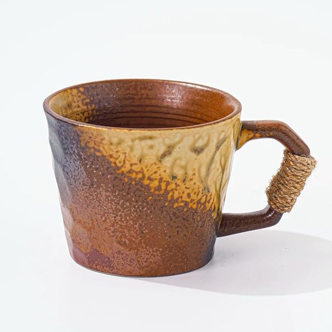 10oz Retro Vintage Japanese Style Handmade Ceramic Tea Cup with Handle, Lead-Free Glaze Artisanal Coffee Mug, Comfortable handle Handmade Pottery Tea Mug for office and home,Brown