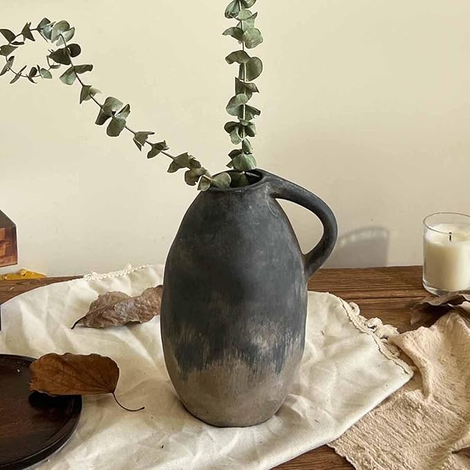 Rustic Ceramic Vase with Handle, Farmhouse Handmade Pottery Vase, Vintage Rustic Vase for Living Room, Kitchen, Home Decor, Thanksgiving, Centerpieces - 9.6 Inch