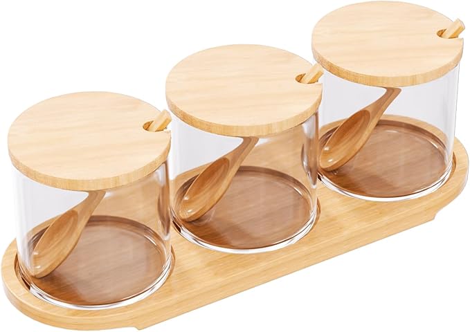 3 Pack Salt Container Clear Glass Spice Jar with Acacia Wooden Lid and Spoon, Condiment Containers with Lids Classic Style, Kitchen Storage Container