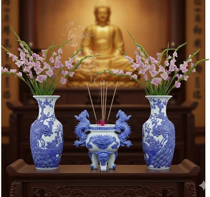 HERITAGE T&T Peach Flower Altar Vase Pair – Bat Trang Handmade Ceramic – Buddhist Altar Flower Vase Set – Traditional Asian Home Decor – 1 Pair (2 Vases) - Blue & White Glaze -30 cm (11.8 in)
