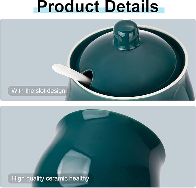 Ceramic Sugar Bowl with Lid and Spoon, Green Porcelain Sugar Salt Pepper Storage Jar, 7 Ounces