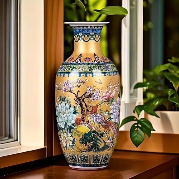 14" Jingdezhen Large Fishtail Ceramic Vase Golden Handmade Home Decorative Vase, Modern Luxury Accent for Living Room, Wedding, or Gift. Elegant Floral Arrangement Centerpiece. (G)