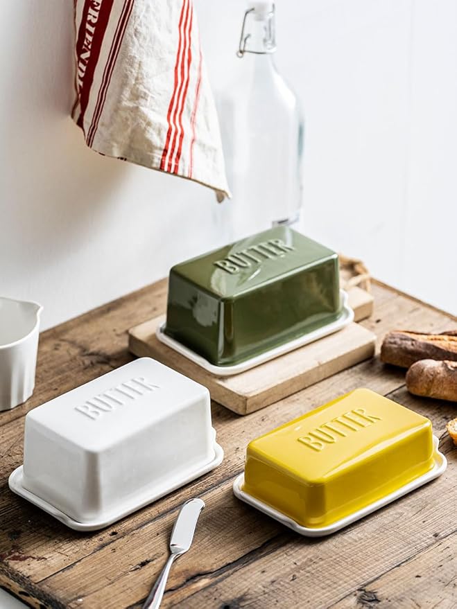 Porcelain Covered Butter Dish with Lid for Countertop Butter Holder Container for One Stick of Butter. Textured Tray Butter Keeper for Non Slip Storage-White