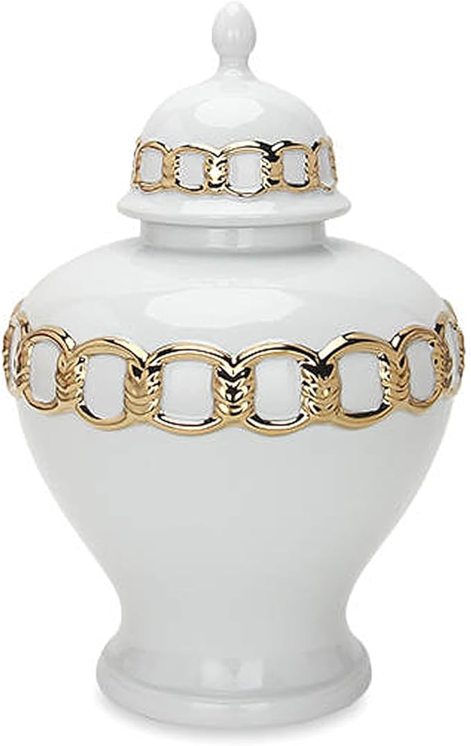Noori Home - 100% Modern Glam Artisan Ceramic SOPH Small White/Gold Ginger Jar Urns with Lid