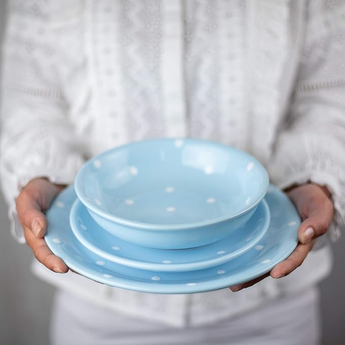 City to Cottage Handmade Light Sky Blue And White Pottery Polka Dot Glazed 7.3inch/18.5cm, 14oz/400ml Salad, Pasta, Fruit, Cereal, Soup Bowl | Unique Ceramic Dinnerware, Housewarming Gift