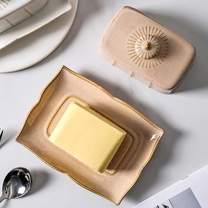 WAIT FLY Vintage Ceramic Butter Dish with Lid for Kitchen Countertop, Home Decorative-Khaki-1 PCS