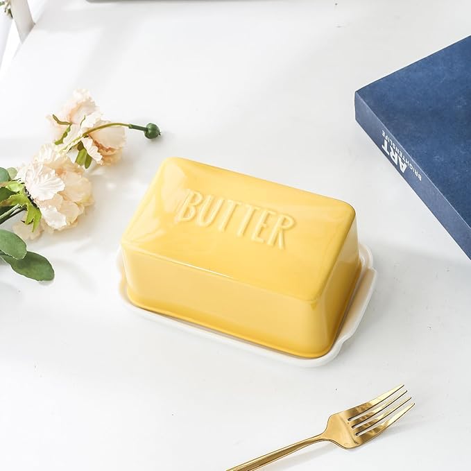 Porcelain Covered Butter Dish with Lid for Countertop Butter Holder Container for One Stick of Butter. Textured Tray Butter Keeper for Non Slip Storage-Yellow