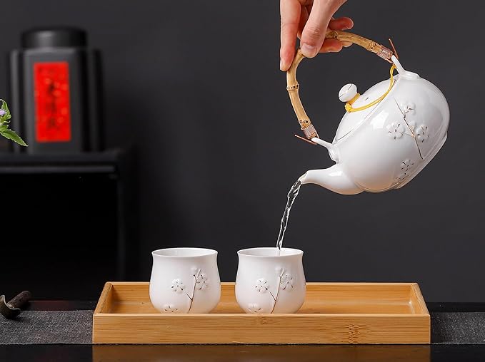 Japanese Tea Set, White Porcelain tea set with 1 Teapot(23 oz/660ml), 6 Tea cups(5.3 oz/150ml), 1 Tea Tray, Golden plum blossom relief, Asian tea sets for adults (Golden plum-White)