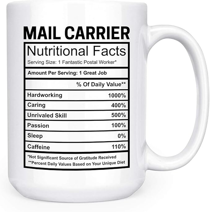 Artisan Owl Large 15 oz Ceramic Mail Carrier Mug – Funny Gift for Postal Workers, Delivery Drivers, Couriers with Unique Nutritional Facts Design