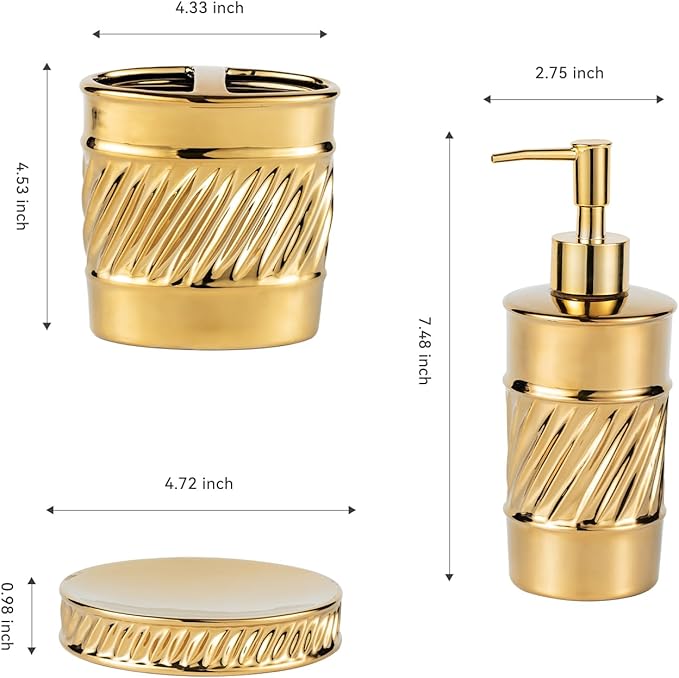 3-Piece Ceramic Bathroom Accessories Set - Soap Dispenser, Toothbrush Holder & Soap Dish with Modern Wave Embossed Design for Bathroom Accessory Set (Gold)