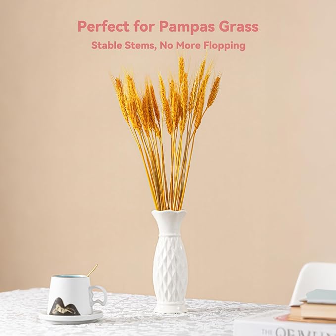 White Ceramic Vase with Diamond Texture - 8.3" Unique Flower Vase for Pampas Grass & Centerpieces, Decorative Boho/Farmhouse Vase for Living Room, Office Desk & Gift for Her/Yourself