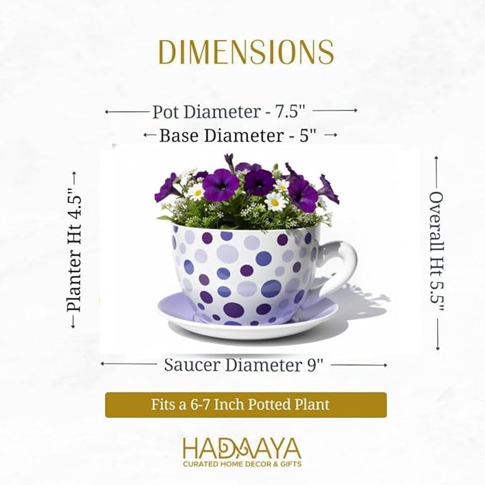 7.5” Round Ceramic Teacup Planter with Saucer – Purple Polka Dot Design Pot for Succulents, Orchid, Herbs & Indoor Houseplant/Flowers for Valentines Day Gift