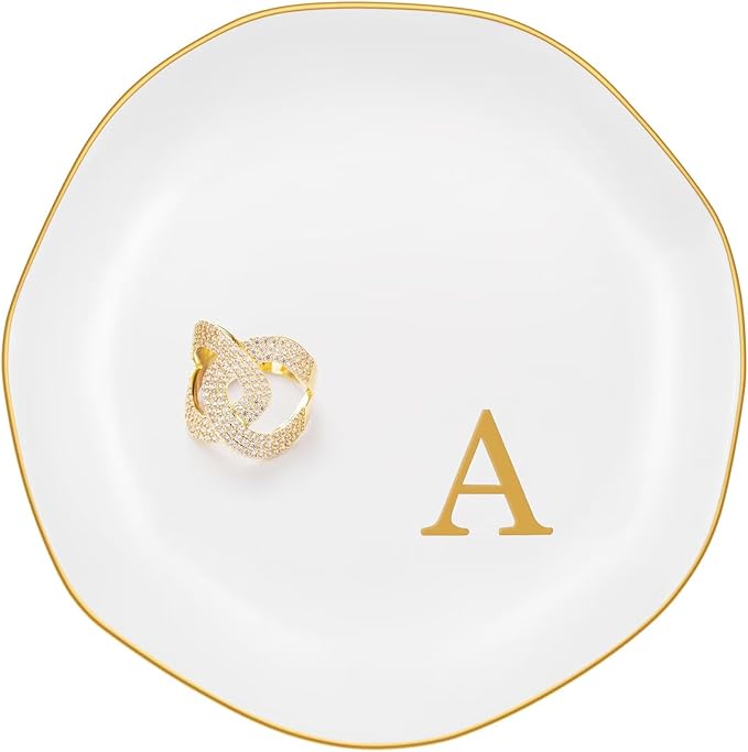 Ceramic Jewelry Tray, Personalized Initial Ring Dish, Elegant Trinket Tray for Rings Earrings Bracelet Necklaces, White Decorative Jewelry Holder for Women Vanity, 4.5 Inch, Letter A