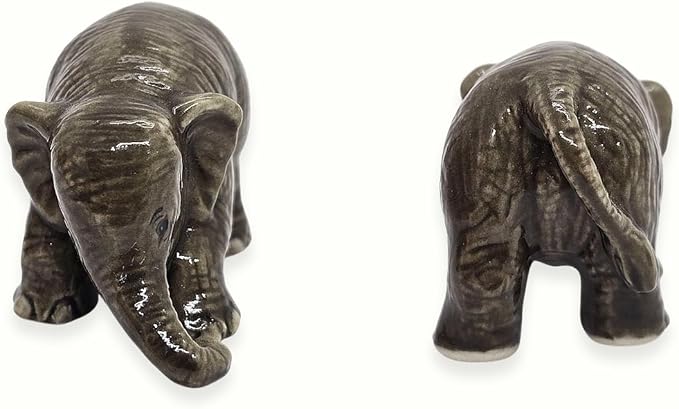ChangThai Design Tiny 2" Gray Baby Elephant Bending Down Figurine - Miniature Hand Made Painted Ceramic Asian Elephants Cute Wildlife Animals Porcelain Decorative Collectible Figures Décor Gifts