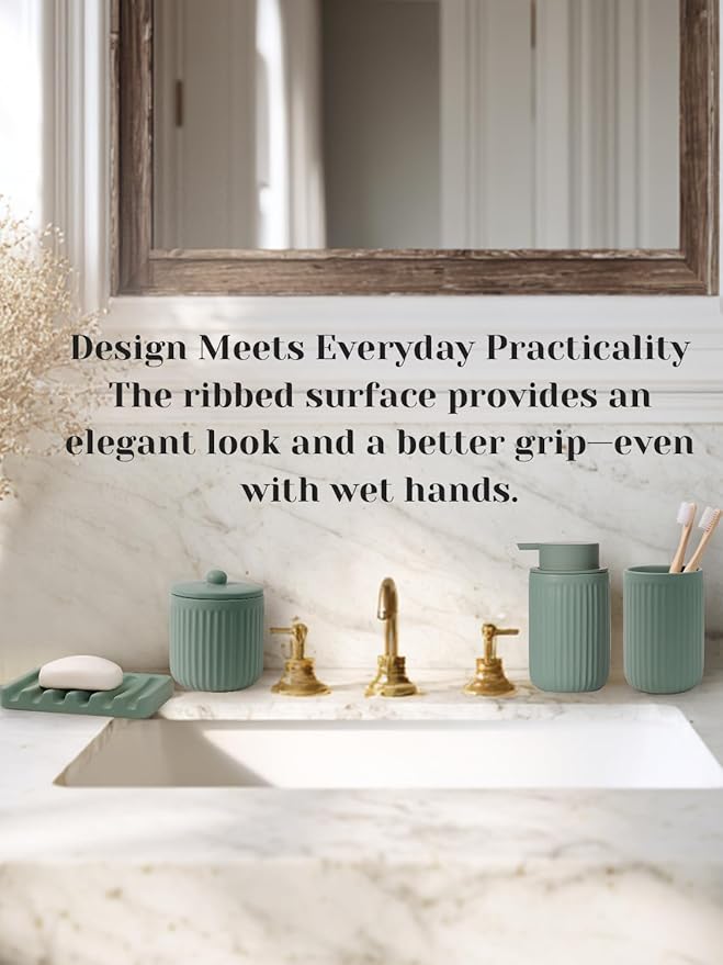 INGOFIN 4 Pcs Ceramic Bathroom Accessory Set - Liquid Soap Dispenser, Toothbrush Holder,Contain Cotton Swab Jar & Soap Dish,Countertop Accessories for Home, Guest Bathroom, Office, Matte Green