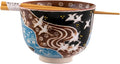 Urban Tokyo Handpainted Ceramic Glazed Japanese Ramen Udon Noodle Rice Bowl With Chopsticks 20 fl oz 5 inch Diameter Bowl Sets Color Box Packaging (Japanese Crane in Flight)