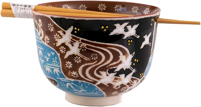 Urban Tokyo Handpainted Ceramic Glazed Japanese Ramen Udon Noodle Rice Bowl With Chopsticks 20 fl oz 5 inch Diameter Bowl Sets Color Box Packaging (Japanese Crane in Flight)