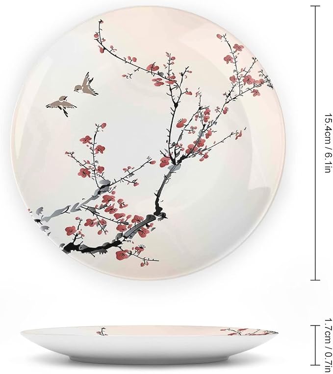 XISUNYA 6 Inch Decorative Plate, Japanese Decor Round Porcelain,Cherry Branches Flowers Buds and Birds Asian Print Ceramic Wall Hanging Decor Accessory for Dining Table Tabletop Home Decor