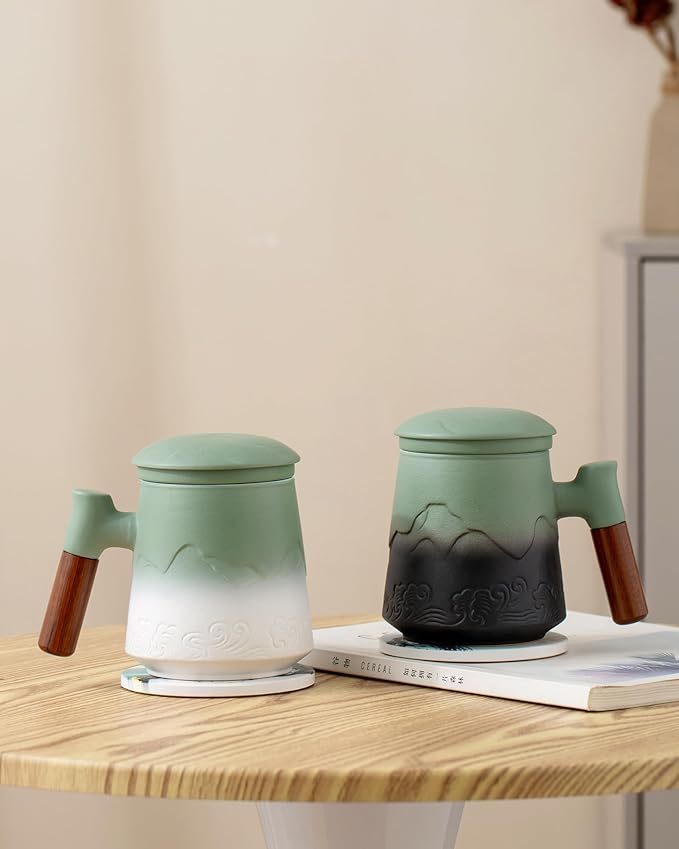 ZENS Tea Cup with Infuser and Lid for Loose Leaf Tea Steeper, 15.2 oz Ceramic Tea Mug with Fine Strainers and Absorb Coaster and Wood for Tea Lovers Gifts