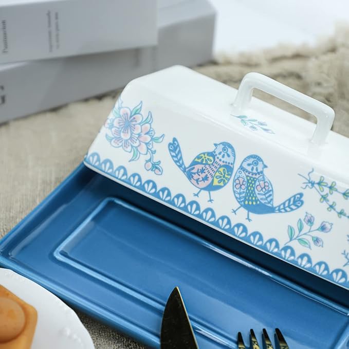Sizikato Porcelain Butter Dish with Lid, Blue Flower and Bird Pattern-7.5 Inch