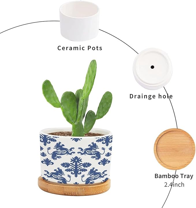 DreamAutumn Navy Blue Regalia Ceramic Pots for Plants with Drainage Holes Round Flower Pot Bamboo Tray Orchid Pot Succulents Pots for Outdoor Indoor Plants,Housewarming Gifts