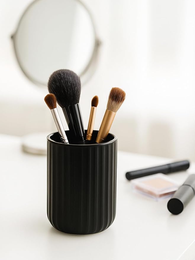 Black Ceramic Toothbrush Holder Cup – 13.5oz Bathroom Tumbler with Vertical Stripe Texture, Modern Toothbrush or Makeup Brush Holder