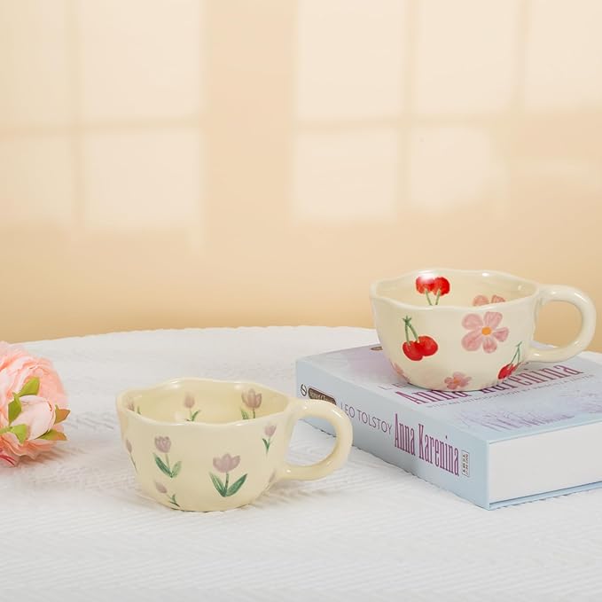 Koythin 2-Pieces Ceramic Coffee Mugs, Creative Cute Flower Cup for Office and Home, 8.5 oz/250 ml Aesthetic Mug for Latte Tea Milk (2 Pink Cherrys)