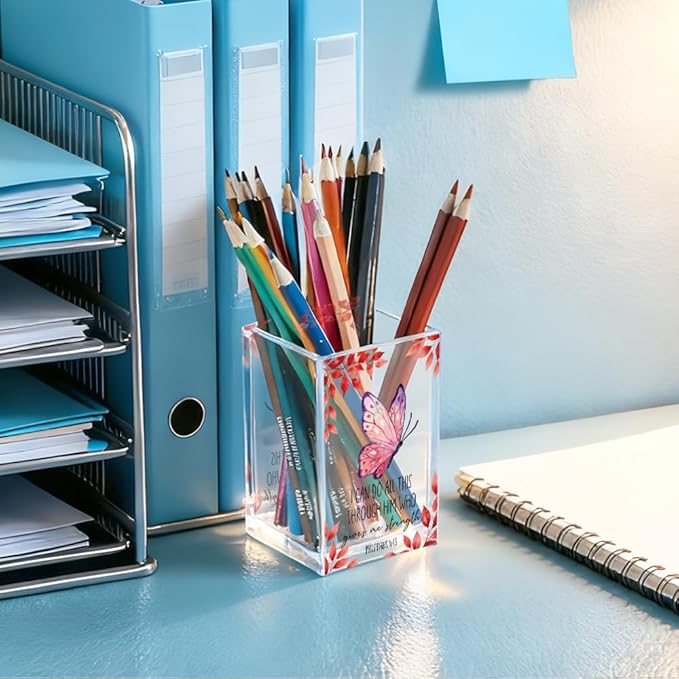 I Can Do All This Through Him Who Gives Me Acrylic Cosmetic Pencil Holder Cup, Butterfly Religious Christian Gifts for Women Girls, Inspirational Bible Verse Pen Holder for Home Office Desk