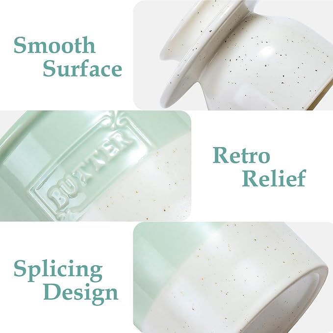 NUTRIUPS Ceramic Butter Crock, Butter Dish with Lid for Countertop with Water Line, French Retro Butter Crock for Spreadable Butter (Cyan Mist White)