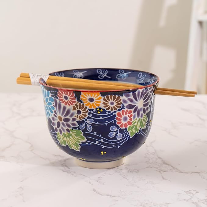 Urban Tokyo Handpainted Ceramic Glazed Japanese Ramen Udon Noodle Rice Bowl With Chopsticks 20 fl oz 5 inch Diameter Bowl Sets Color Box Packaging (Floral Assortment)