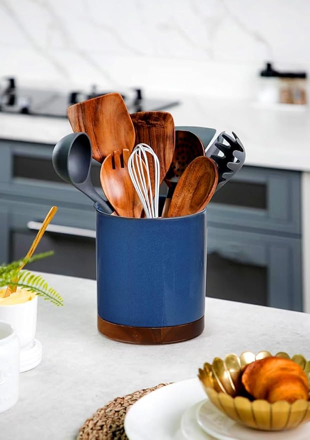 Nucookery 360°Rotating Utensil Holder, 7.2" Kitchen Utensil Crock, Ceramic Cooking Utensil Organizer with Countertop-Protection Cork Bottom for Farmhouse Kitchen Decor Christmas (Royal blue)